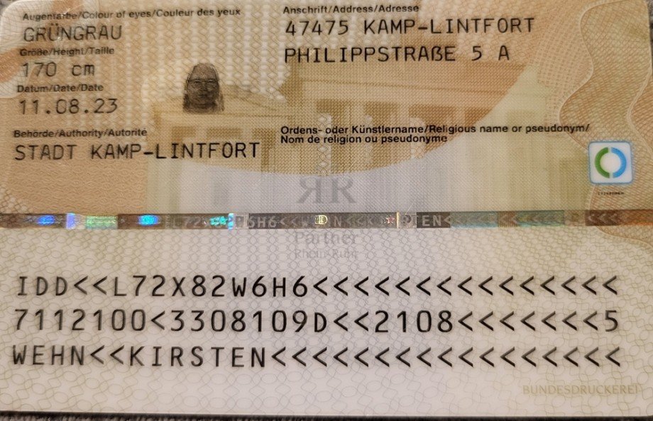 Personalausweis R�ckseite Frau Wehn Erdgeschosswohnung Duisburg